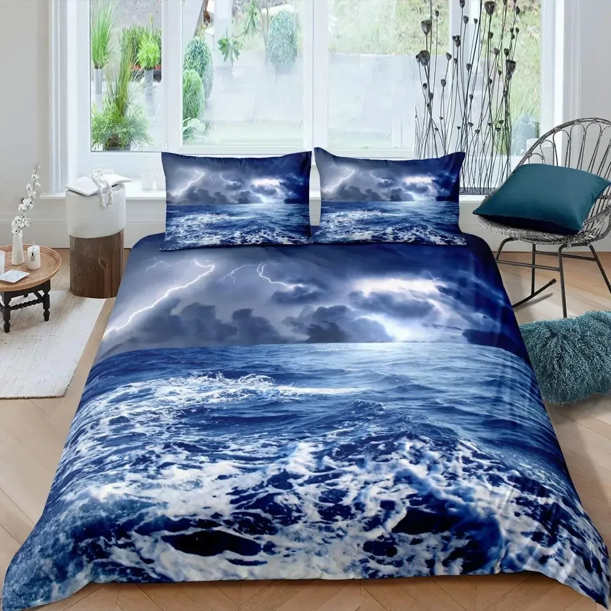 

Lightning Duvet Cover Set Sea Wave Natural Disasters Sea Landscape Bedding Set Dark Clouds King Size Polyester Comforter Cover