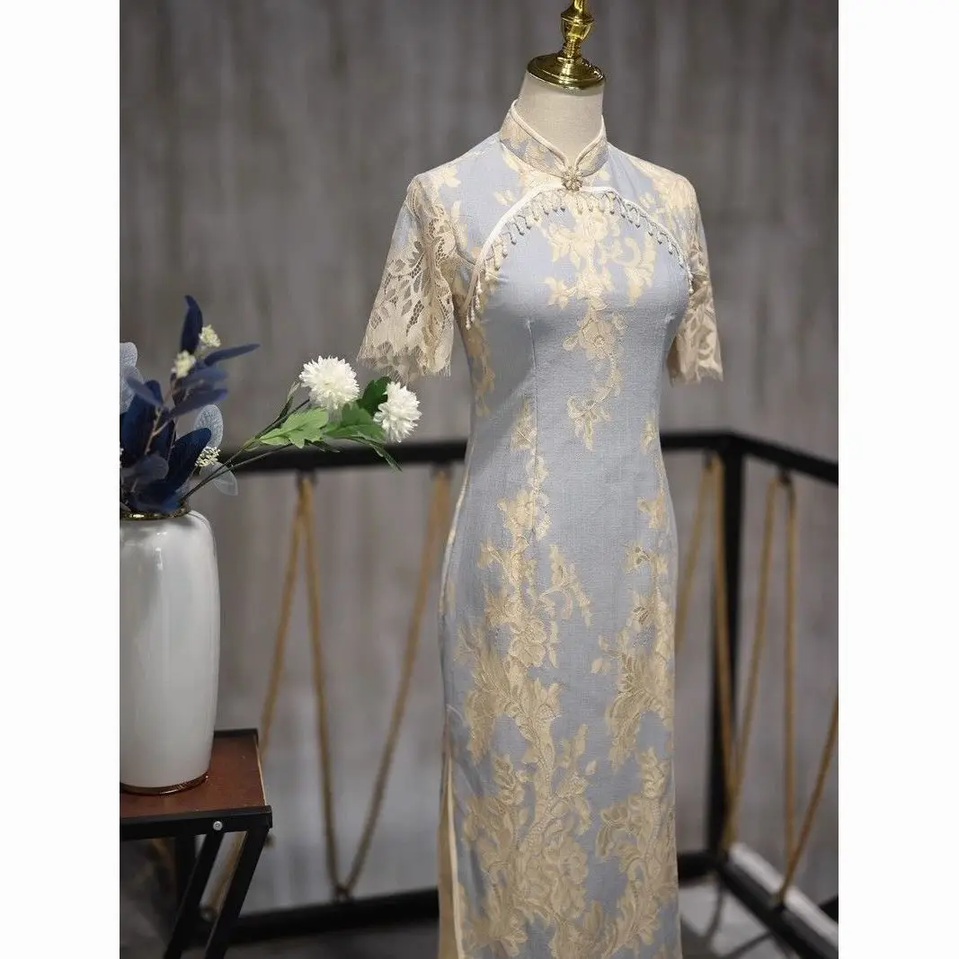 Blue hollow lace cheongsam short sleeve printed Chinese style female Spring daily evening qipao chinese traditional dress