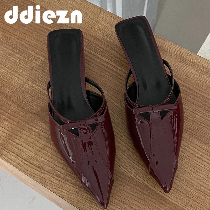 Red Women Mules Elegant Sandals Pumps Summer Female Shoes Low Heels New In Fashion Ladies Sandal Pointed Toe Slides Footwear