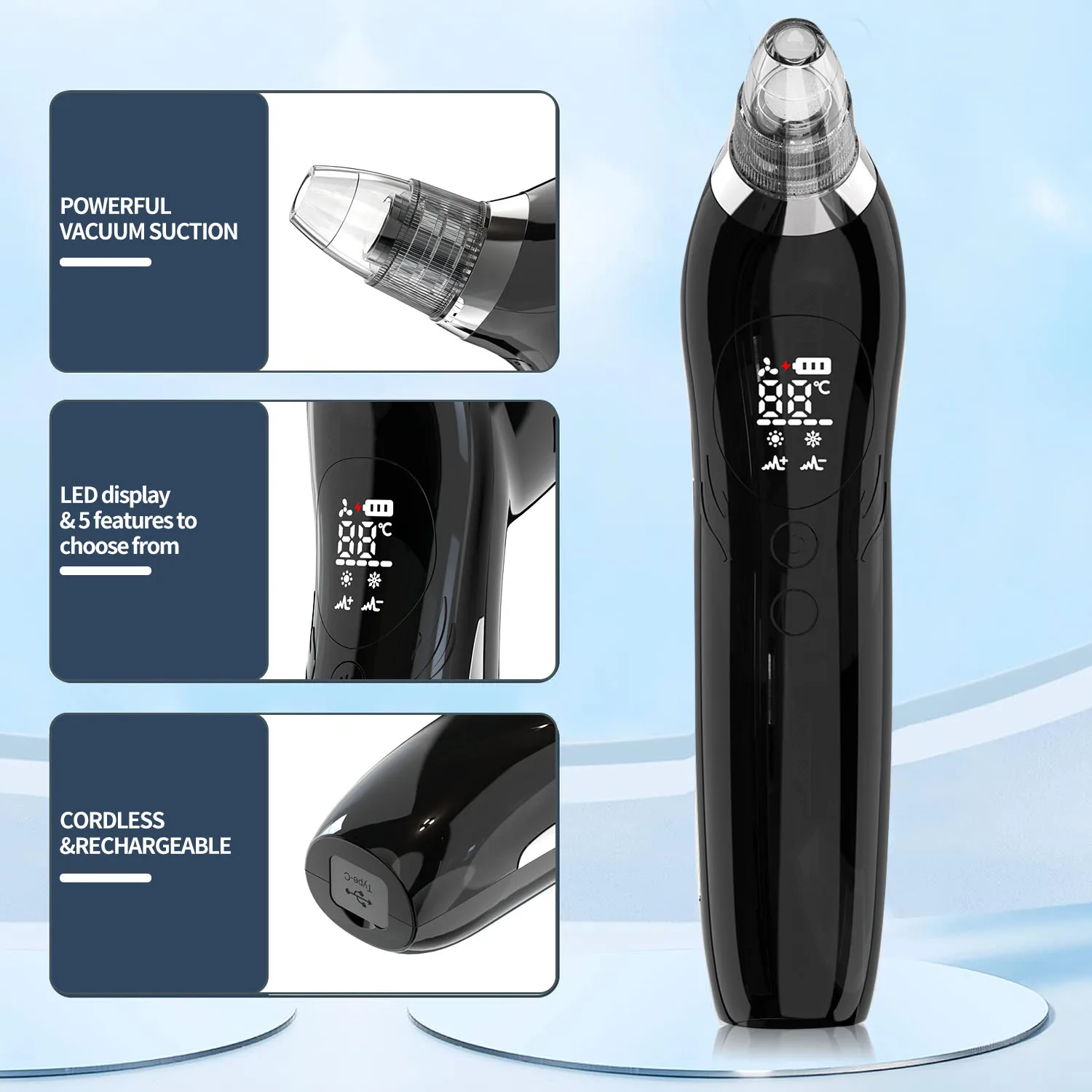 Multifunction Blackhead Remover Vacuum Cold and hot compress vibration , 5 Replaceable Probes, 5 Modes, 5 Suction Levels, Type-C