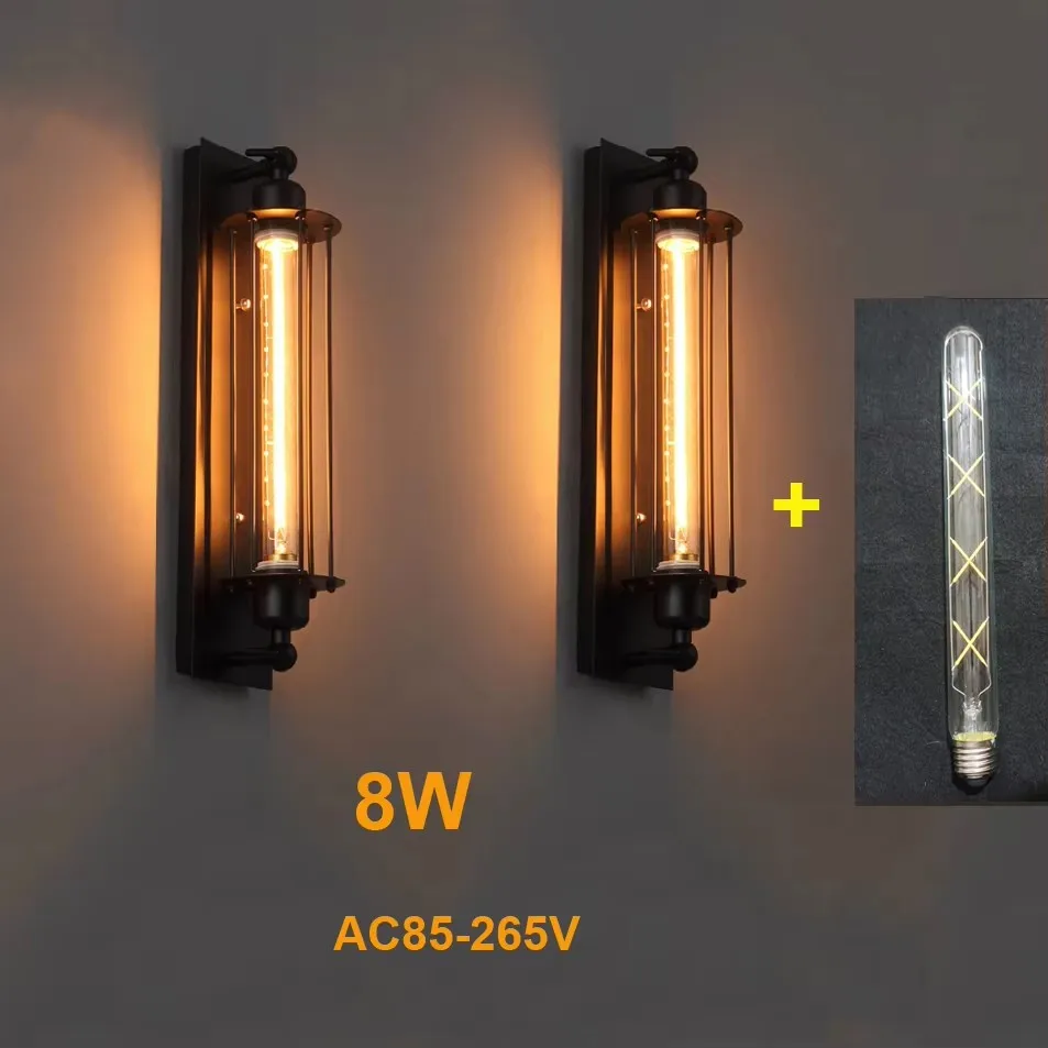 Industrial Long Tube Cage Wall Sconce Vintage Guardrail Wall Lamp with T30 Edison Filament Bulb, AC85-265V 8W Decor Wall Light