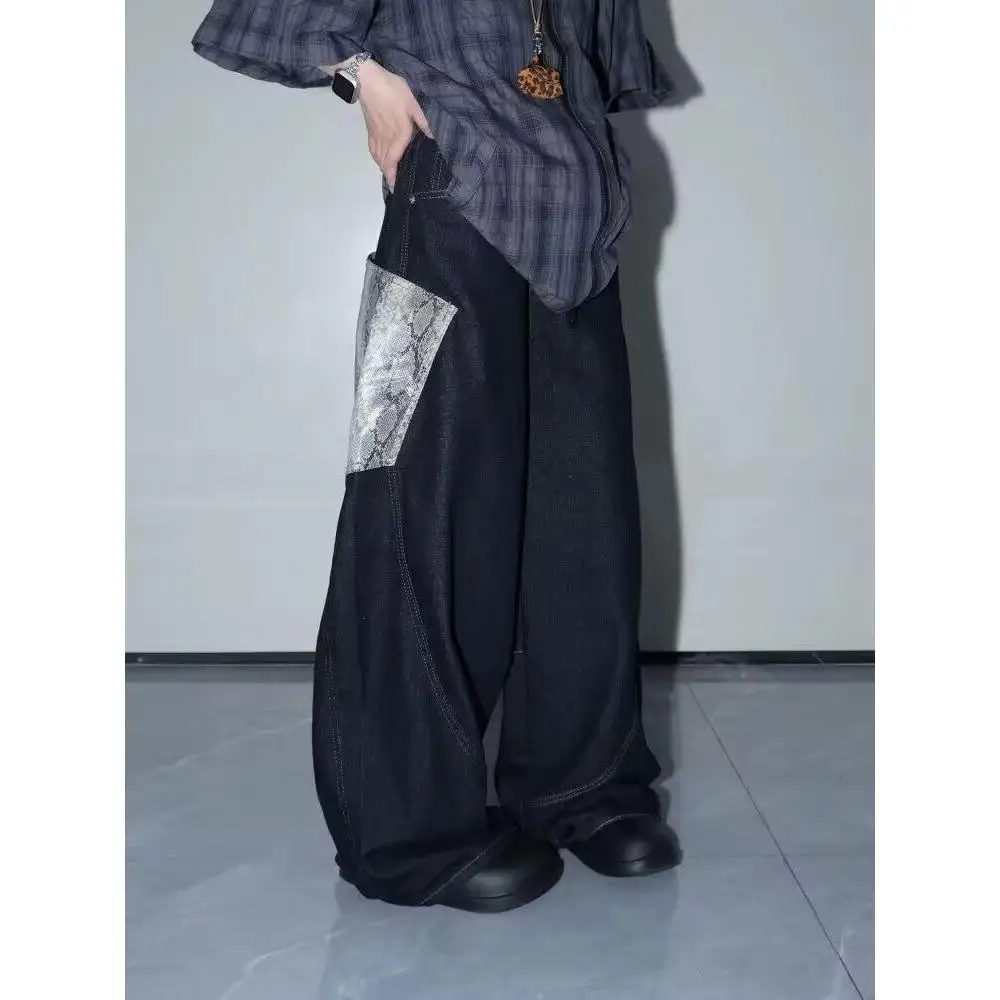 

Американские джинсы со змеиной кожей High Street, большие джинсы, мужские летние модные брендовые свободные повседневные широкие брюки с ножом