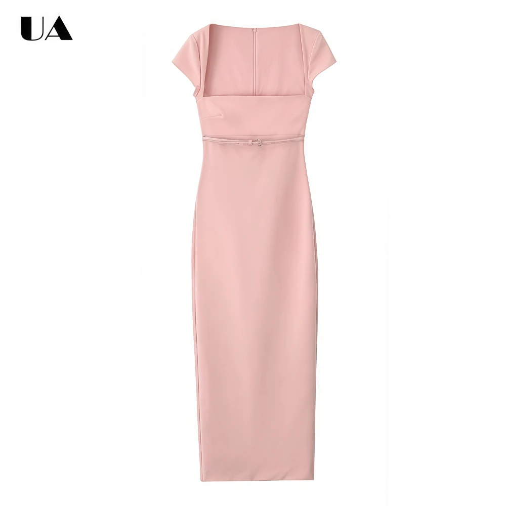 

Elegant Sheath Square Neck Belt Midi Dress, Trendy Reglan Sleeve Draped Long Dresses for Women, Classic Solid Slit Party Dress