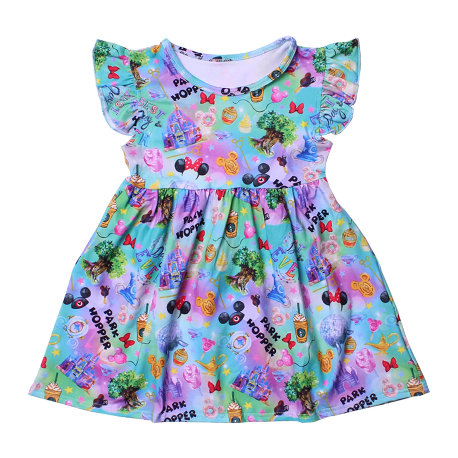 Disney Summer Girls A-line Casual Dress Park Hopper Printed Milksilk Clothing For Toddlers Castaway Cay Clothing1-8Y