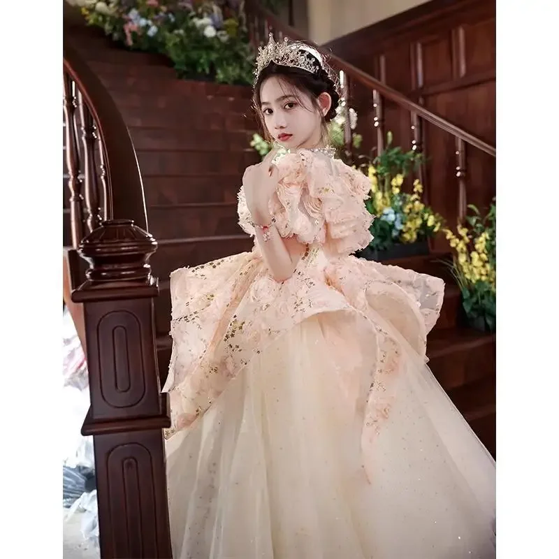 Kids Girls dresses high-end light beautiful birthday princess dress children host piano performance clothes