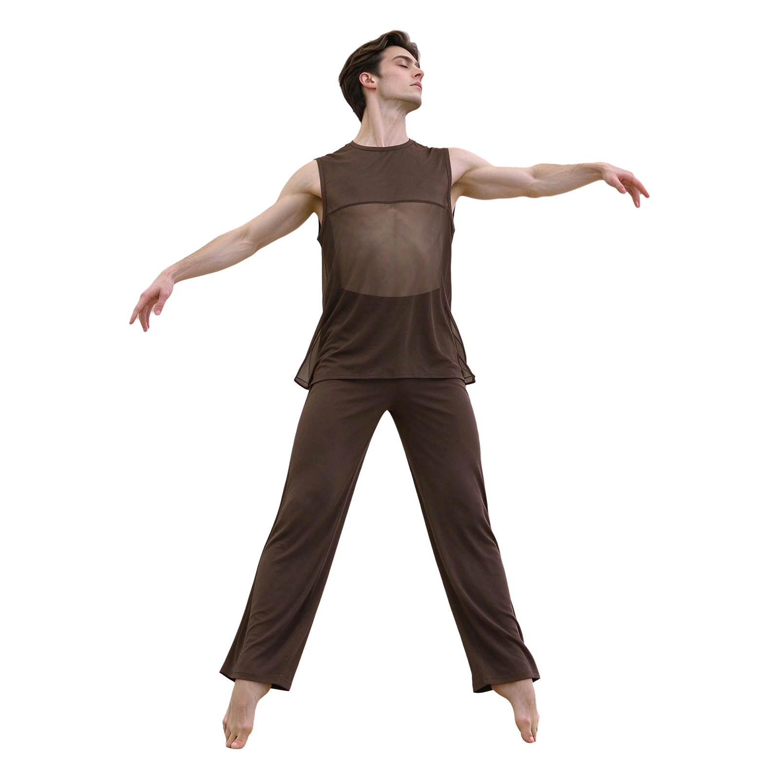 Mens Ballet Lyrical Contemporary Dance Performance Costume Stage Competition Outfit Sleeveless Mesh Side Slit Top with Pants