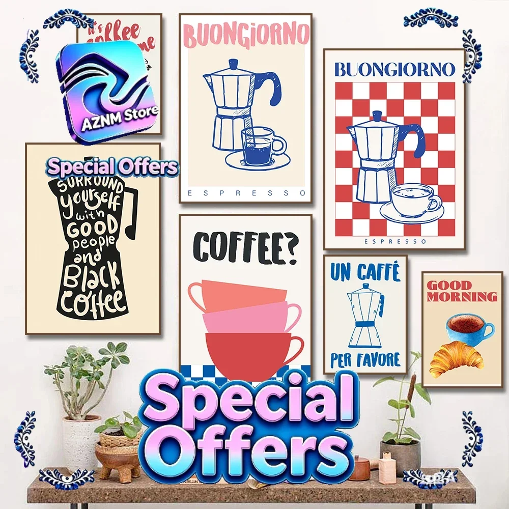 Modern Trendy Retro Vintage Chic Coffee Espresso Wall Art Prints Canvas Painting Poster Picture for Office Kitchen Home Decor