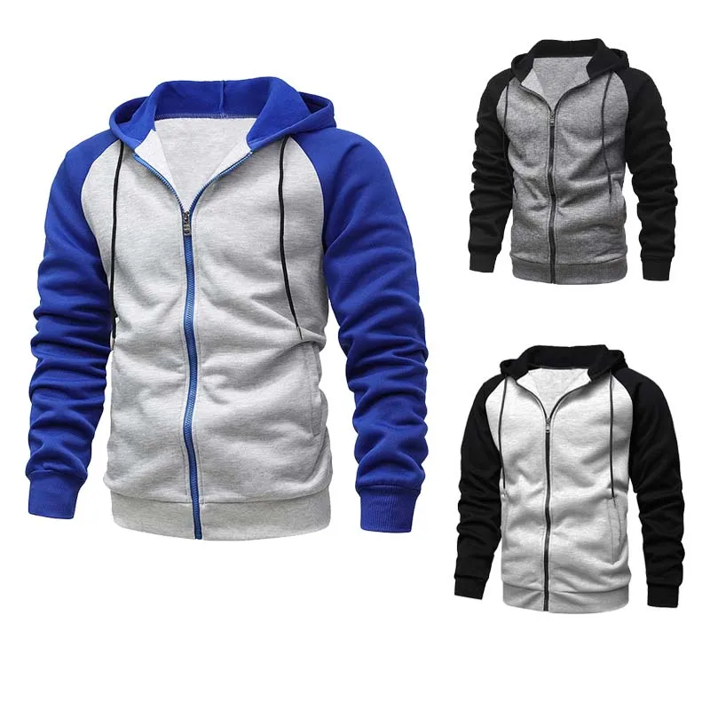 

Hoodie jacket for autumn and winter new color blocked zipper sweater with fleece hoodie casual top for men
