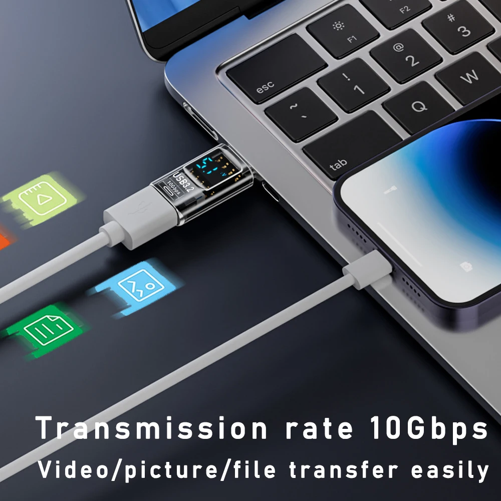 Digitale LED Display USB 3.2 Adapter 36-60W 10Gbps Laptop Type-C Converter Datatransmissie Smart Chip Power Meter Tester