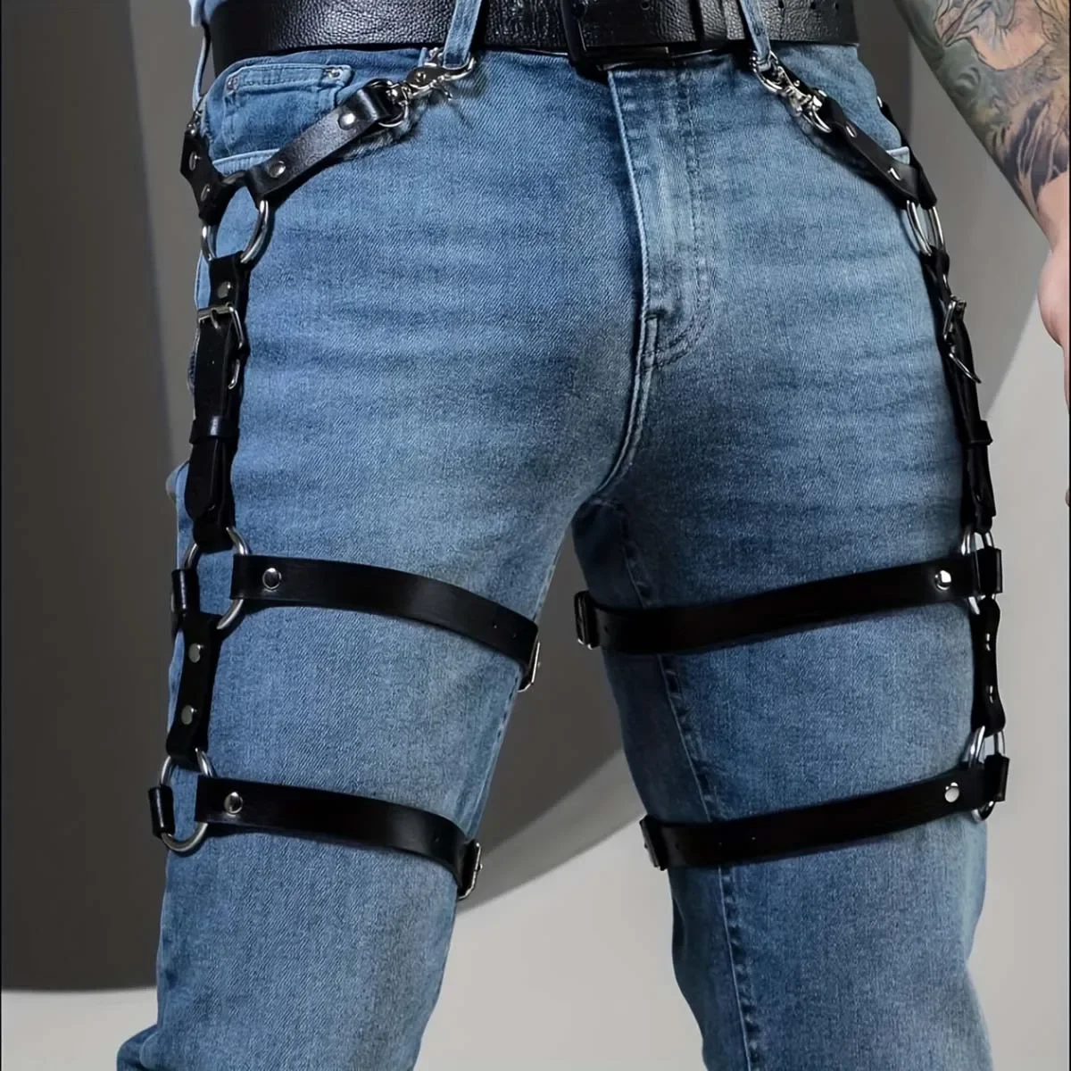 Bdsm رجل الجلود الساق تسخير قابل للتعديل الوثن مثلي الجنس الملابس الجنسية الفخذ الرباط عبودية قفص تسخير أحزمة الهذيان ازياء للجنس