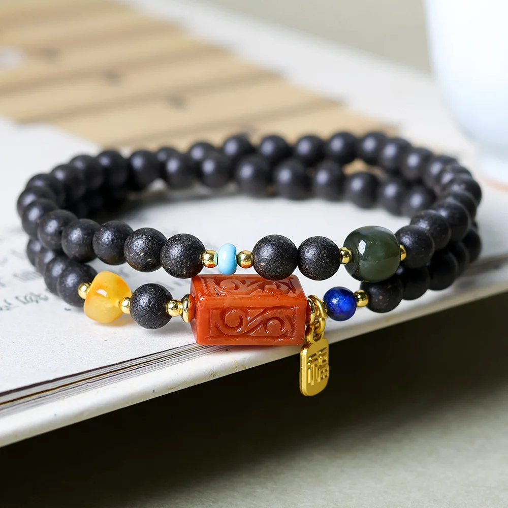 

Hexiangzhu Black Dragon Saliva Red Jade Jadeite Jade Honey Wax Bracelet Original Cultural Play Chinese Two Circle Hand String