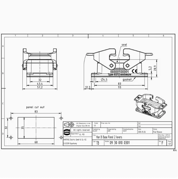 1pcs 09300100301 HARTING 10-pin base Han10B-HBM-DL panel mount Original Genuine