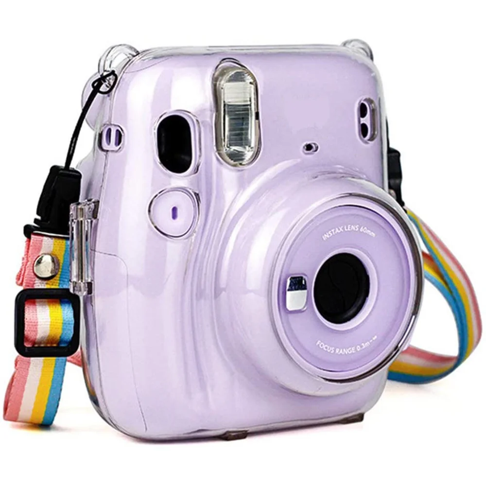 AA84 Crystal Camera Case Protective Clear Case With Adjustable Rainbow Strap For Fujifilm Instax Mini 11 Cameras Accessories