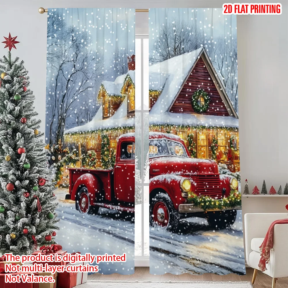 

2pcs 2D flat printing Merry Christmas Party Curtains European architecture Versatile Fabric Without Electricity Festive Curtains