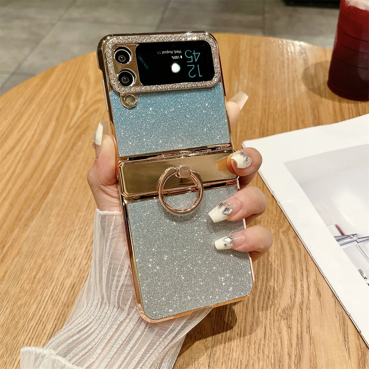 For Samsung Galaxy Z Flip 3 4 Case Luxury Bling Glitter Electroplated Ring Folding Hingle Shockproof Hard Back Cover Accessories
