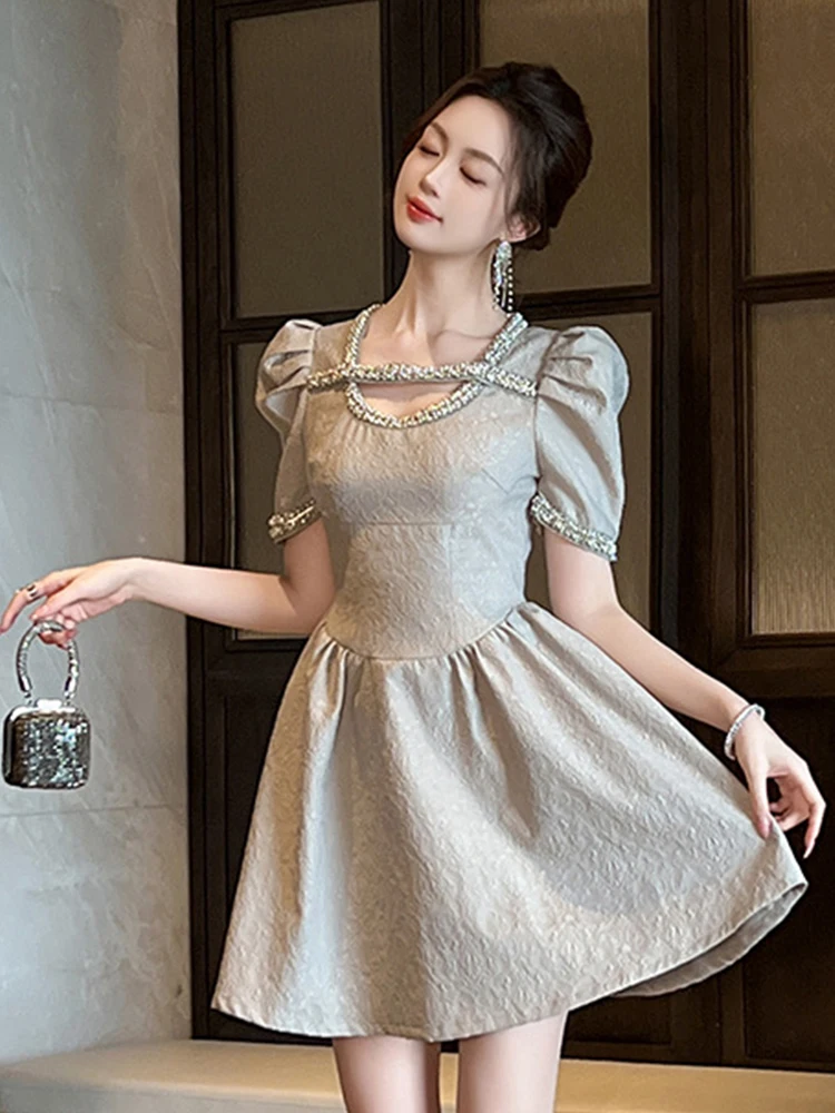 French Elegant Luxury Evening Dress Women Clothes Retro Hollow Slim Pleated A-Line Short Gown Party Club Prom Vestidos Fiesta