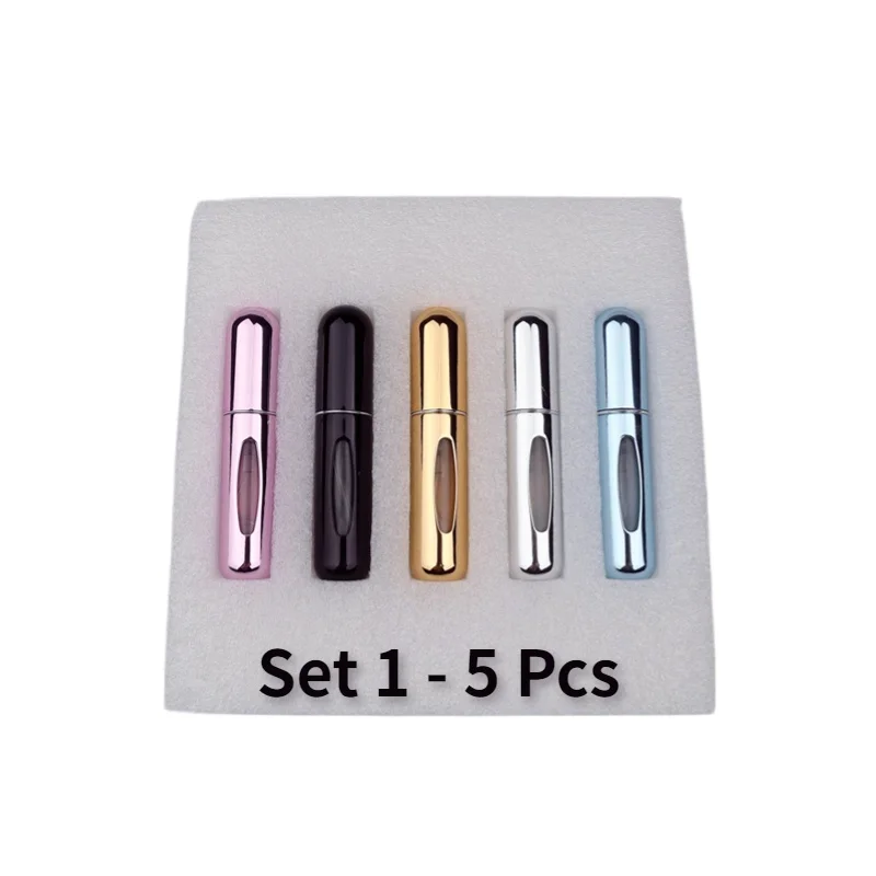 Perfume portátil Refill Bottle, Mini spray recarregável, Travel Aluminum Spray Atomizer, Vazio Cosmetic Containers Tool, 5ml, 5Pcs