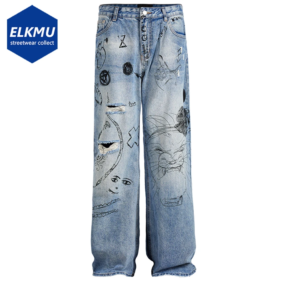 

Graffiti Blue Ripped Baggy Jeans Men Streetwear Hip Hop Denim Pants Loose Casual Straight Jeans Trouser Unisex Harajuku Jeans