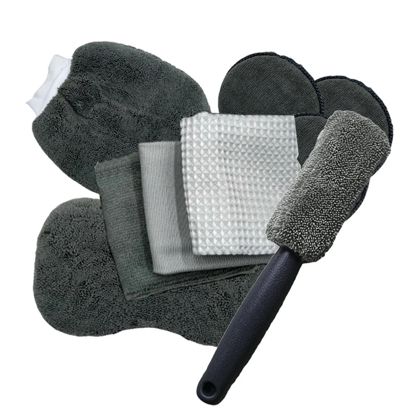 

9Pcs Car Care Cleaning Tool Car Wash Mitt Microfiber Towel Wash Gloves Wheel Brush Pad Wash Sponge Mitt Auto Car Wash