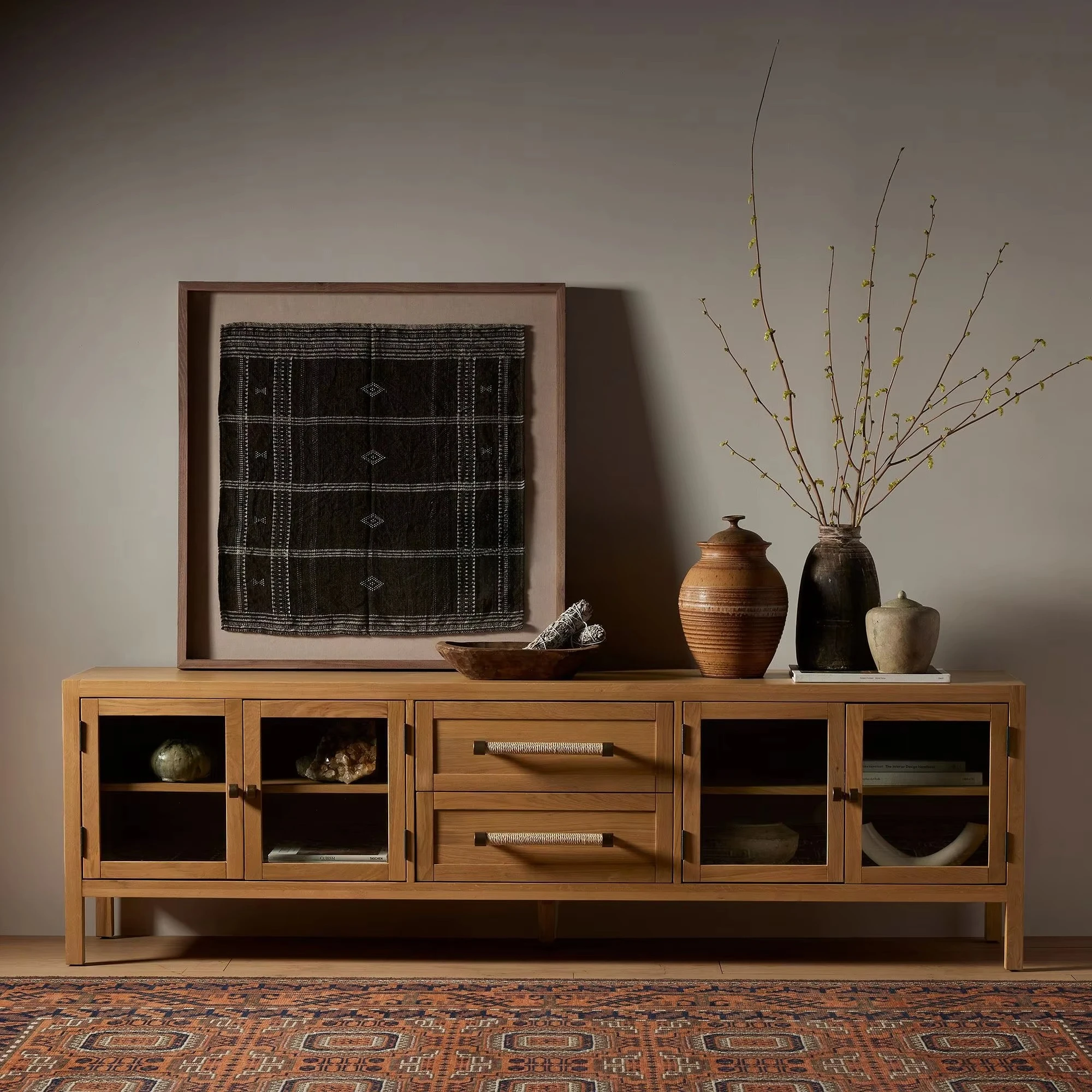 Modern wooden furniture Kitchen Living room Oak glass cabinet Doors Console with drawers Table