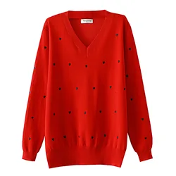 Damski sweter z dzianiny z merceryzowanej bawełny, sweter plus size, długi rękaw, dekolt w kształcie litery V, cienka odzież, casual, brzoskwiniowe serca, jesień