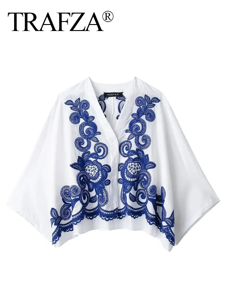 TRAFZA 2024 Women Fashion Blue Floral Embroidery Blouse Casual Loose V Neck Single Breasted Shirt Female Chic Top Y2K TRAF