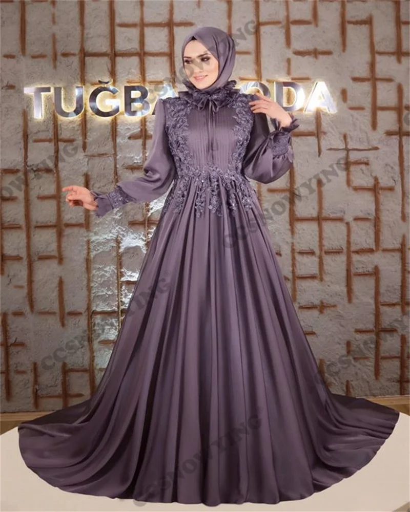 

Grape Long Sleeve Hijab Muslim Evening Dresses Chiffon Appliques Islamic Formal Party Gown Women Arabic Kaftan Robe De Soiree