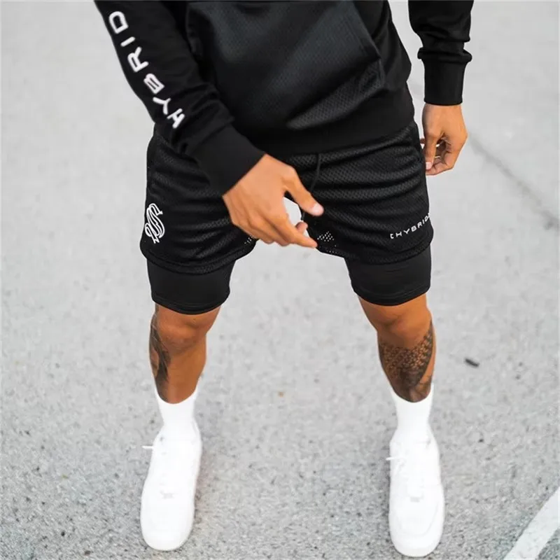 2026 Summer Mesh Sports Shorts Men Double-deck Jogging Running Shorts Men 2 IN 1 Mens GYM Shorts Fitness Workout Short Pants Man