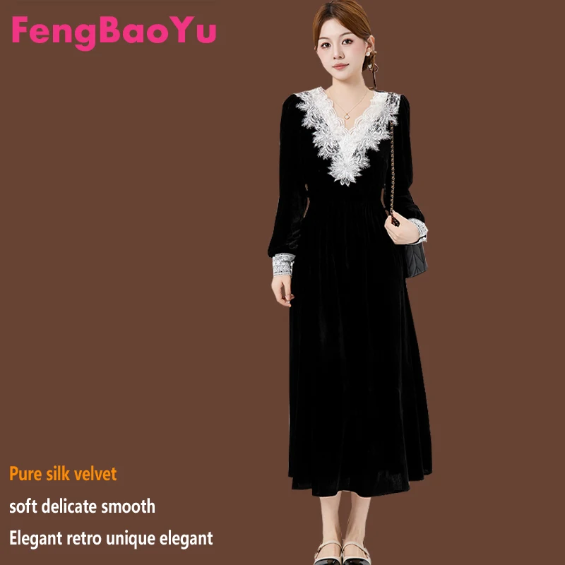 فستان نسائي من الحرير المخملي الطبيعي بالكامل مع حواف من الدانتيل، نمط طويل برقبة على شكل حرف V، أنيق وراقي، ملابس كاجوال وعصرية.