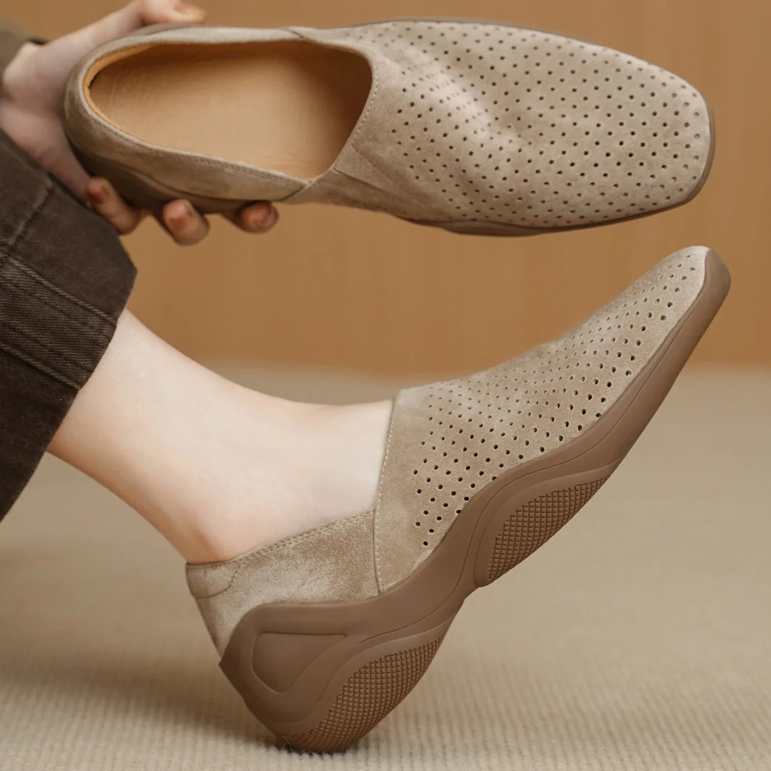 

danxuefei women's natural suede leather square toe slip-on flats loafers high quality soft comfortable hollow-out summer sneaker