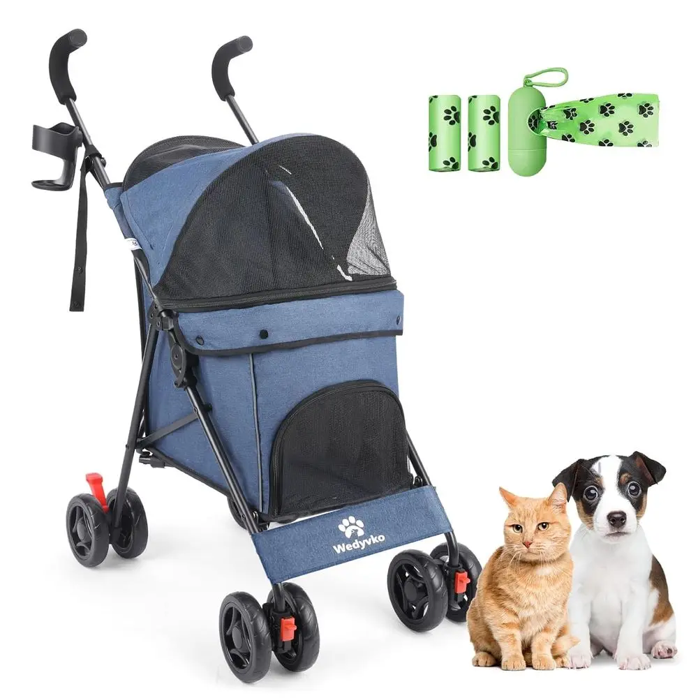 

Ultra Lightweight 3.5 kg Pet Stroller for Dogs up to 33lbs, 4-Wheel Foldable with Storage Basket and Cup Holder (Navy)