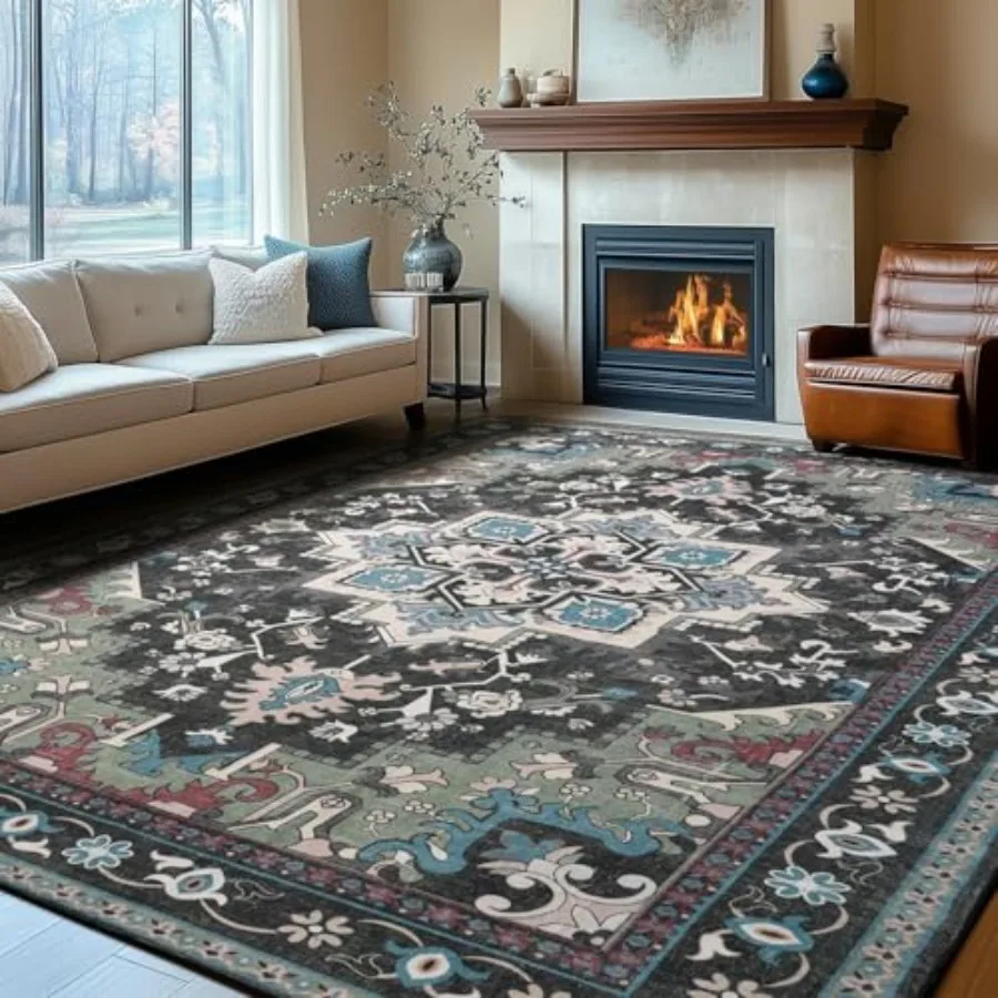 

9x12 Area Rugs Machine Washable Dark Green Carpet for Living Room Oriental Indoor Area Rug Low Pile Large Soft Thick Carpets No