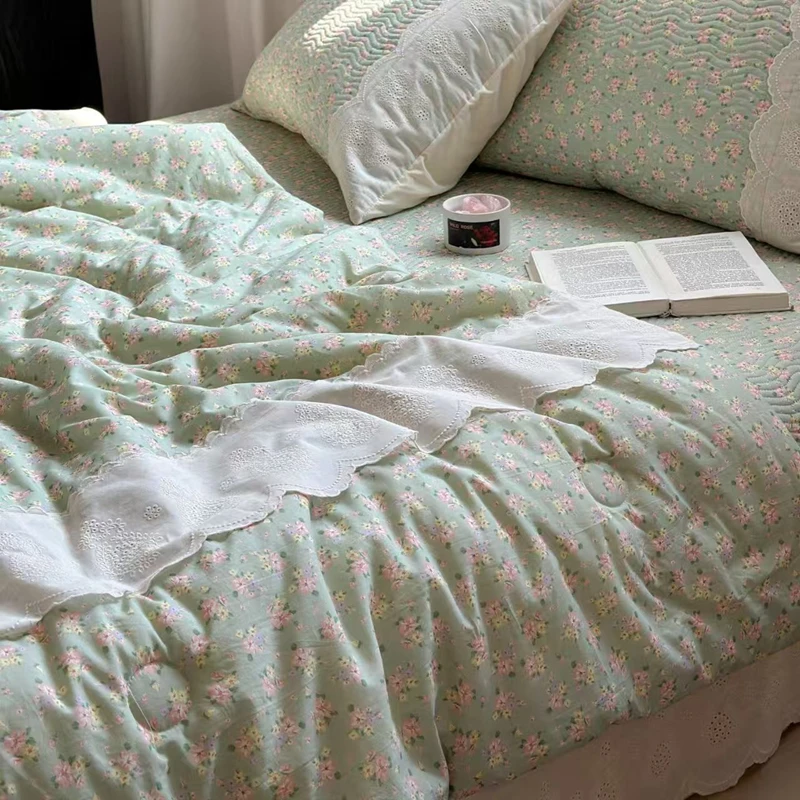 レース純綿キルトツインクイーンサイズ寝具シングルダブルベッド掛け布団夏春花柄ガーゼキルティングブランケット