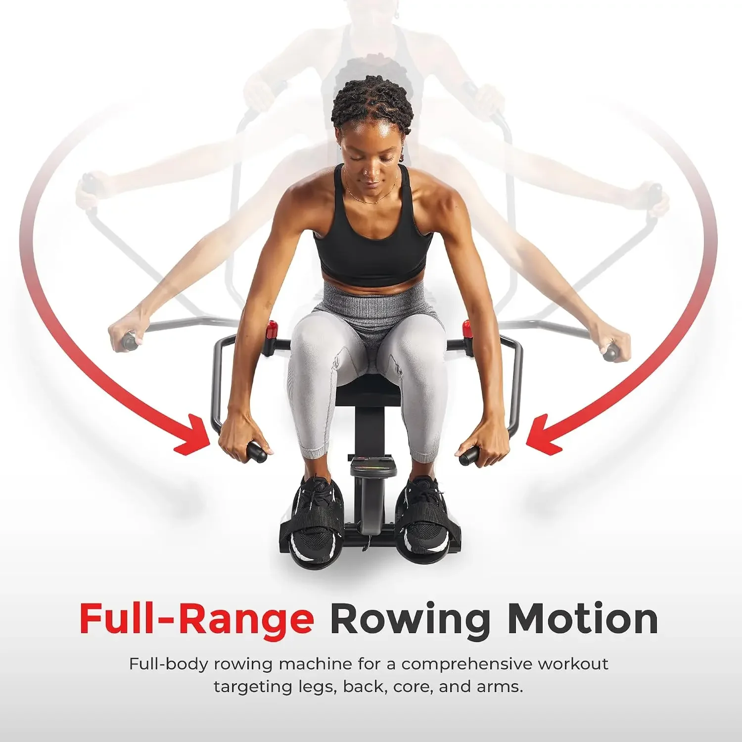 Smart Full Motion Rower | 12 Resistance Levels, Dual-Arm Design, SunnyFit App, 400 LB Capacity, Optional Back-Assist Core