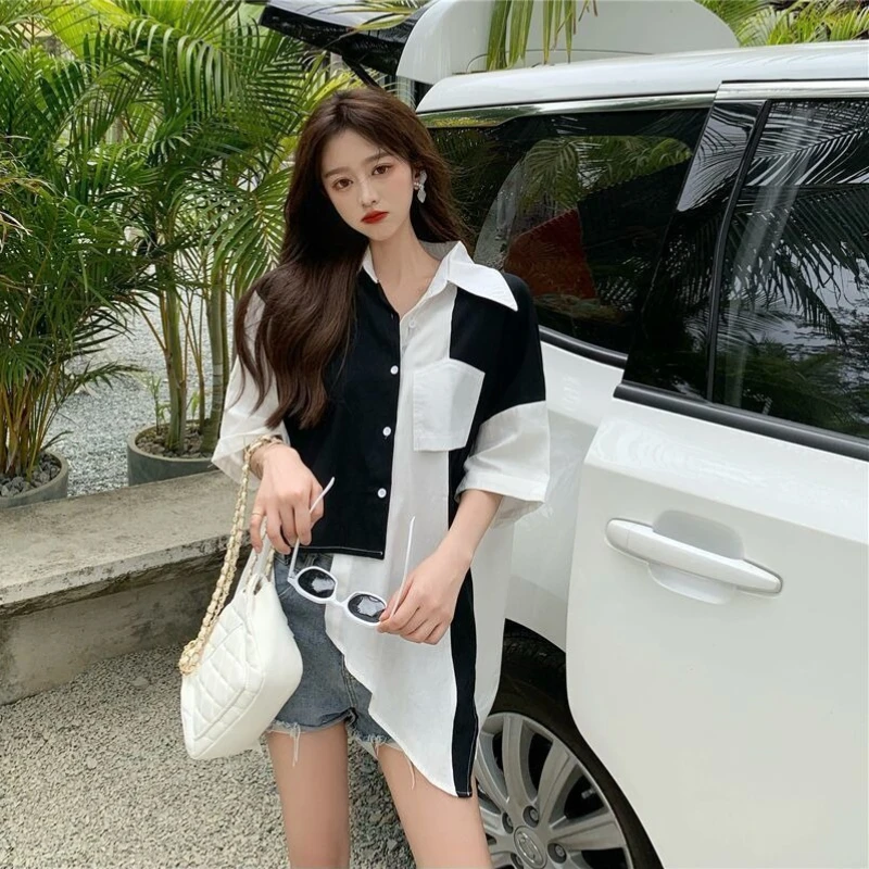 

Sweet Cool Style Loose Top Women Irregular Color Block Patchwork Short Sleeve Shirt Summer New Niche Design