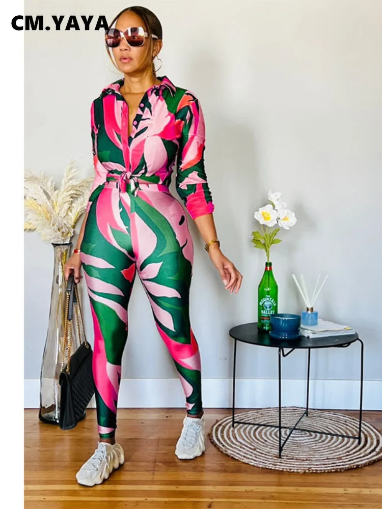 Cm.Yaya Streetwear Leaf Printed Women Legging Pants Suit And Long Sleeve Shirt Fashion Casual Two 2 Piece Set Outfits Tracksuit