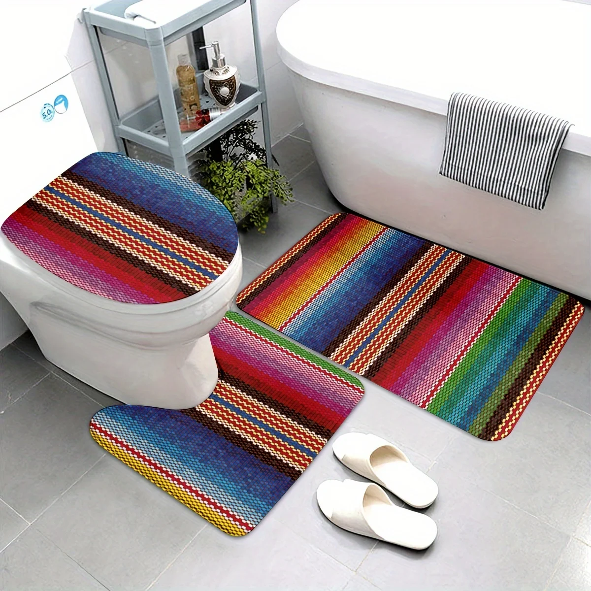 

3pcs Set of Energetic Mexican Striped Bathroom Floor Mat Set - Non-Slip, Washable Flannel Floor Mats, Suitable for Bathroom and