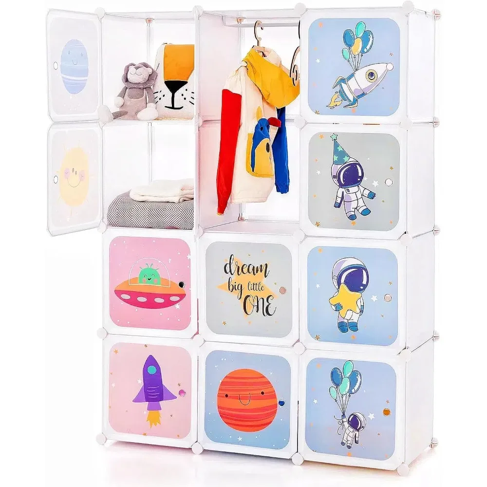 

Children Wardrobe, Kid Closet Portable Baby Dresser Cute for Kids Bedroom Nursery Armoire with Doors 12 Cube 2 Hanging Sections