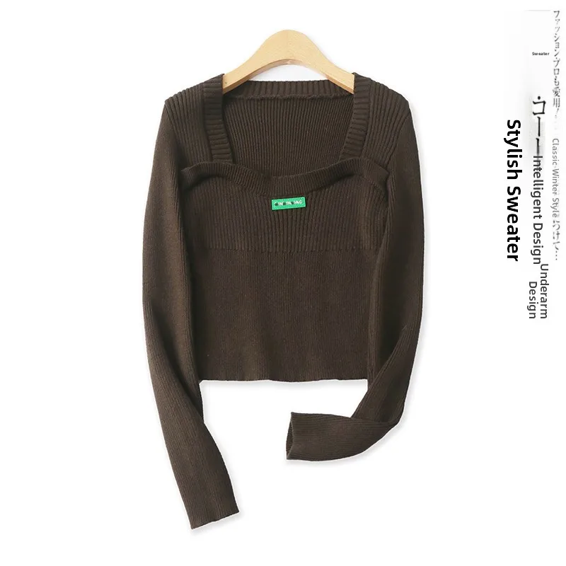 

Slim Fit Long Sve Square Collar Knitwear Versatile Base Layer Striped Women's Casual Sle Faionable Autumn New Arrival