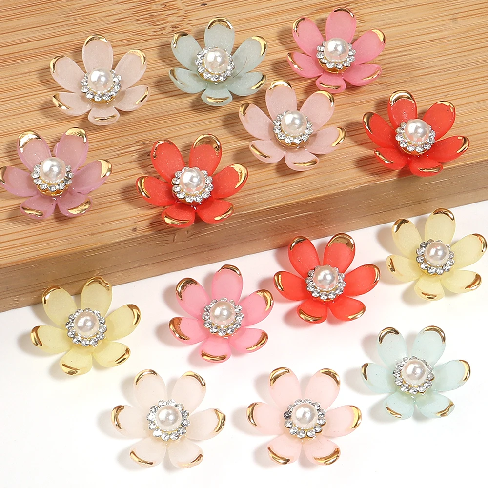 20pcs Colorful Golden Edge Acrylic Beads Flower Pearl Patch Bead For DIY Jewelry Making Headdress Hair Accessories Supplies