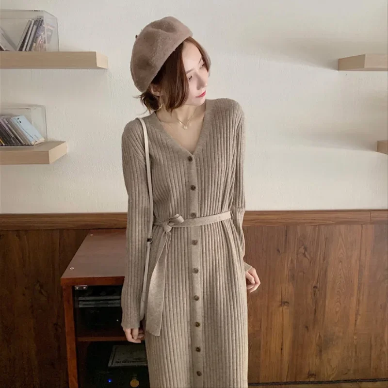 Gentle very fairy loose ins wind loose fried street v-neck lace-up single-breasted long knitted dress