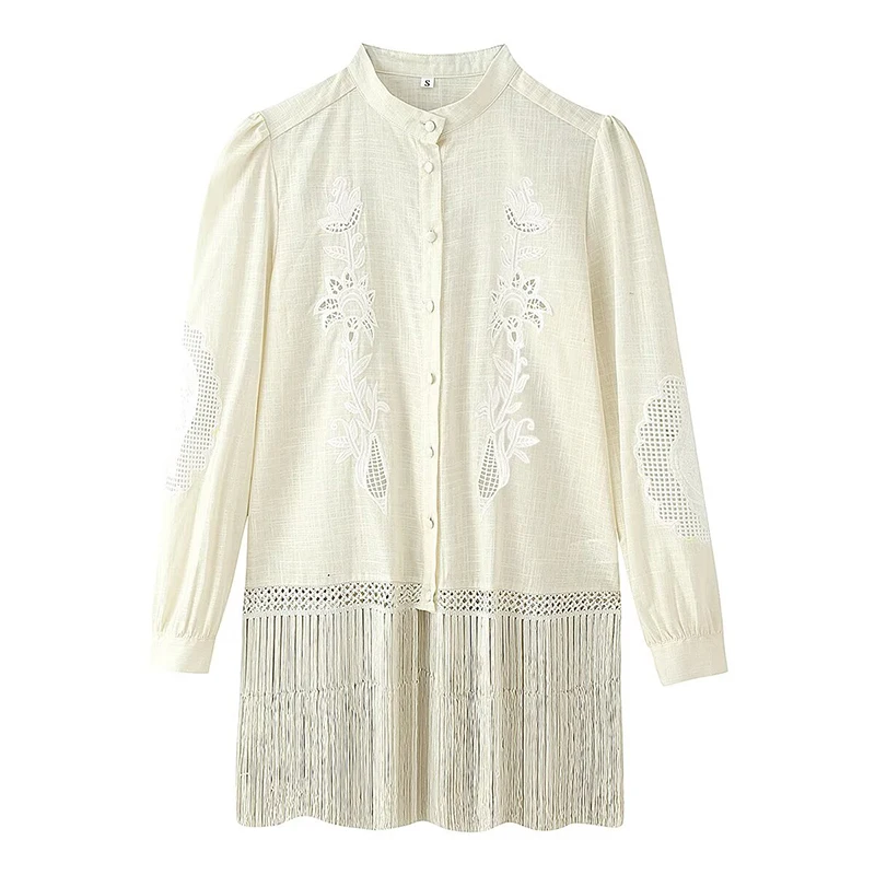 YENKYE Women Bohemian Patchowrk Tassel Shirt Stand Collar  Long Sleeve Hollow Out Embroidery Blouse Holiday Long Tops