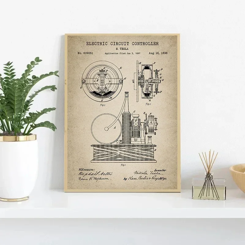 تسلا ملصقات براءة اختراع كهربائية عتيقة ، مطبوعات لوحة قماشية ، صورة فنية جدارية للمكتب ، ديكور المنزل ، هدية مهندس كهربائي