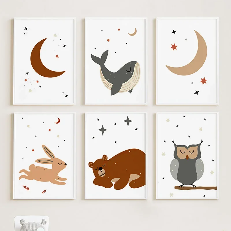 

Whale Bear Rabbit Owl Moon Star Nursery Wall Art Canvas Painting Nordic Posters And Prints Wall Pictures Baby Kids Room Decor