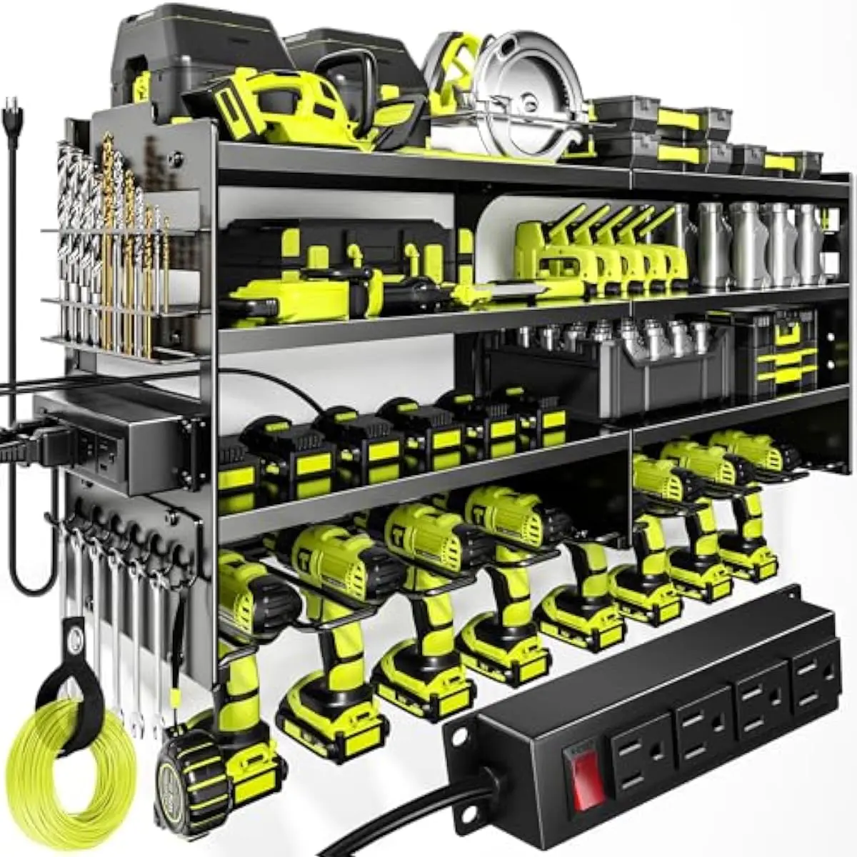 Heavy-Duty 4-Tier Metal Wall Shelf with Integrated 4-Outlet Power Strip, 600lb Capacity, 8 Drill Slots, Rust-Resistant Black Fin