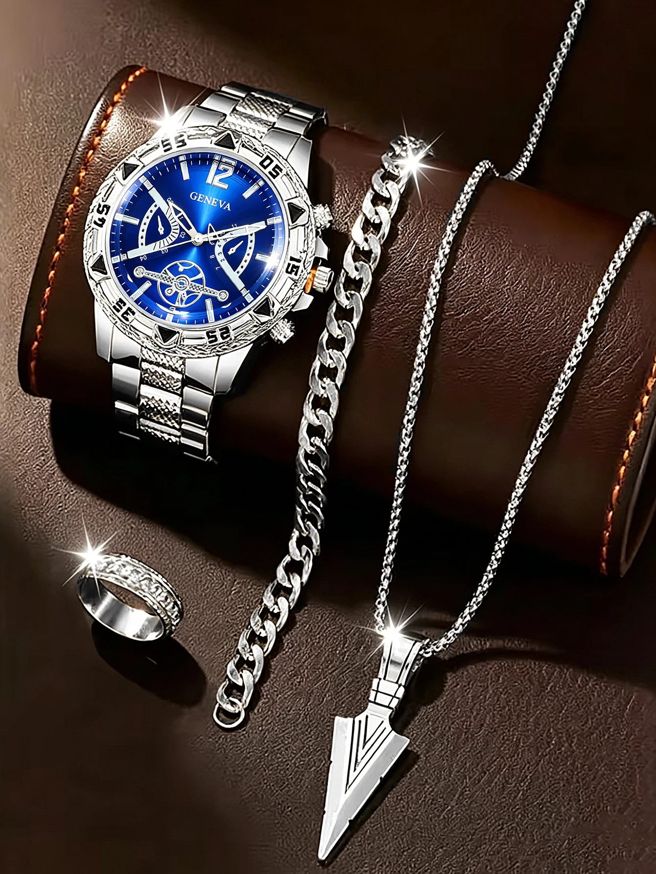 

A stylish silver men's quartz watch and a set of accessories including a necklace, bracelet and ring - a birthday gift