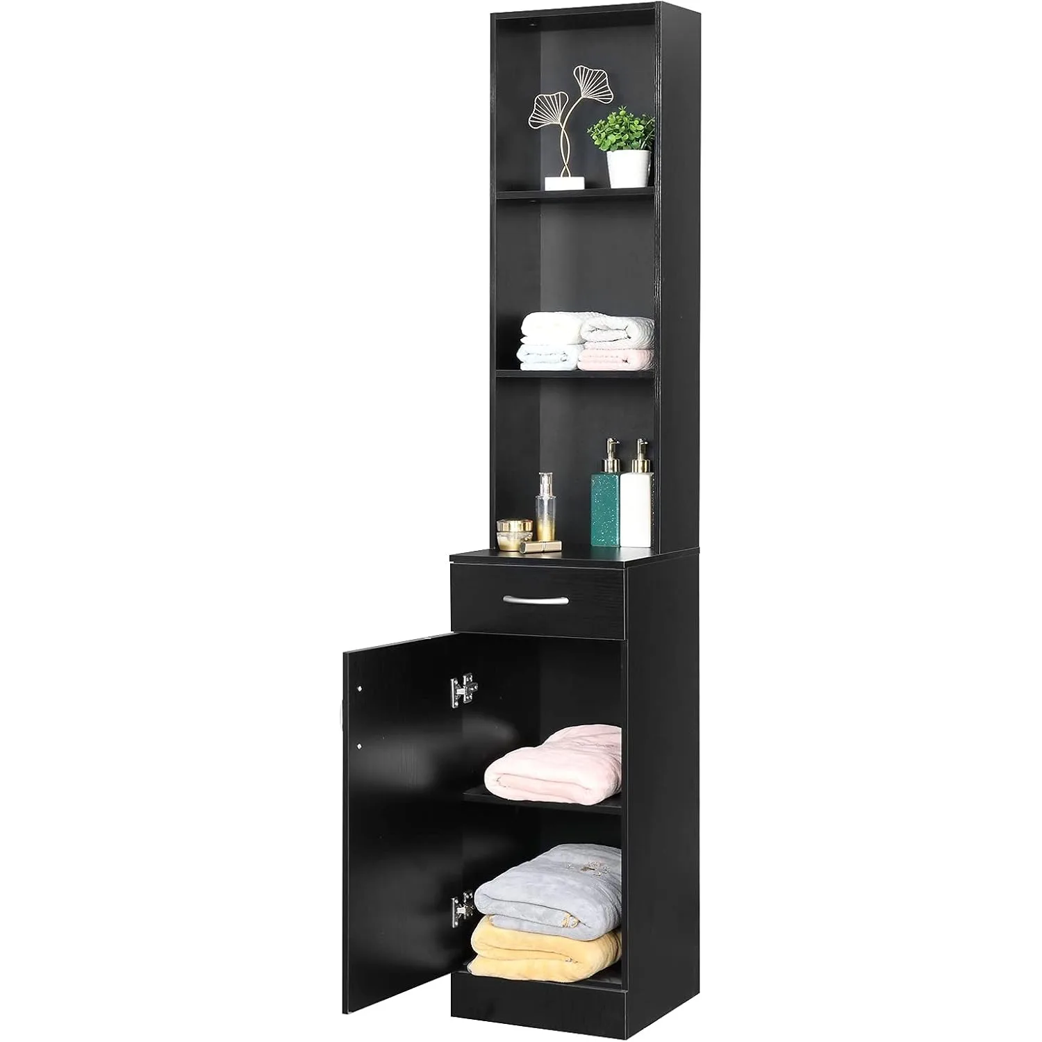 Tall Bathroom Storage Cabinet Narrow Floor Cabinet Free Standing Tower Cabinet with 3 Open Shelves, 1 Drawer & 1 Compartment,