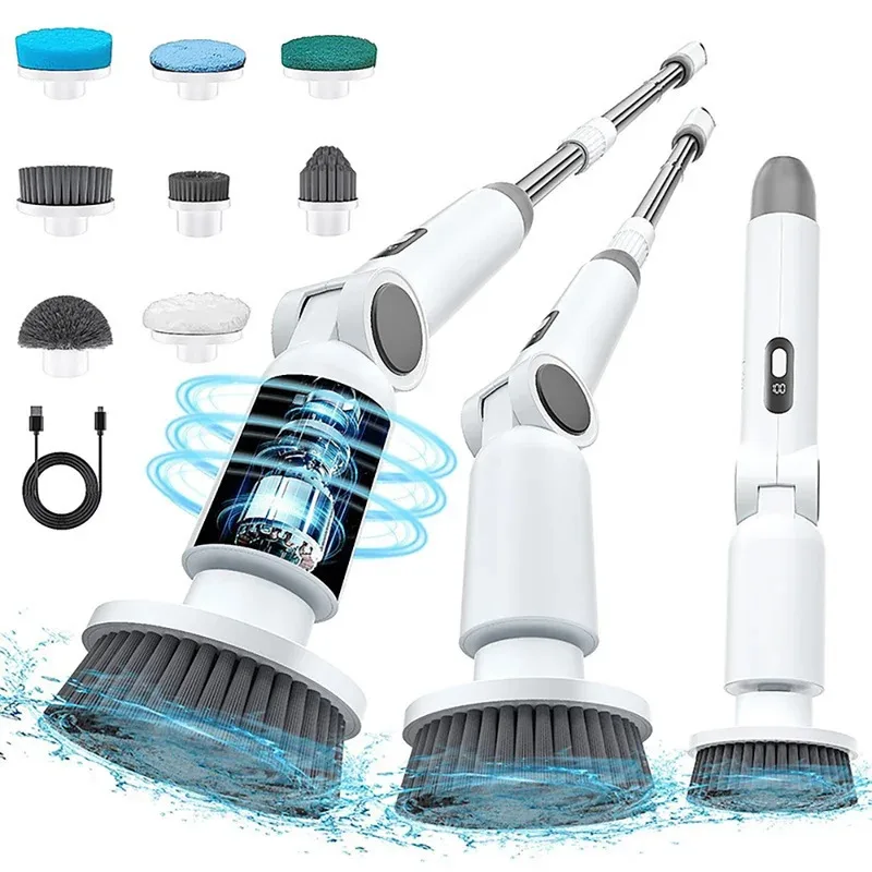 2025 NEW 8-in-1 Electric Spin Scrubber Wireless Cleaning Brush IPX7 Waterproof Bathroom Scrubber Adjustable Extension Handle
