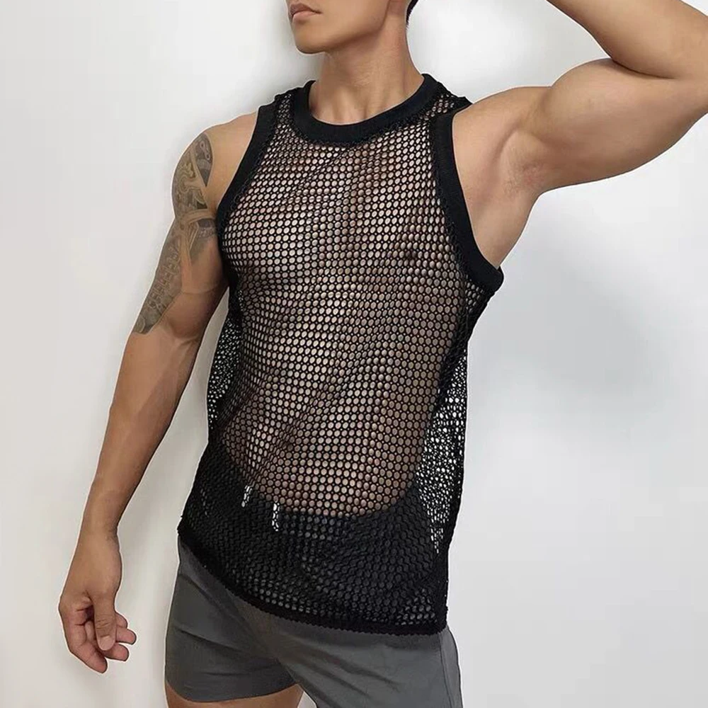 Mens Sexy Hollow See-Through Fishnet Vest Genderless 2024 New Fashion Nightclub Personality Temperament Home Tank Top Unisex