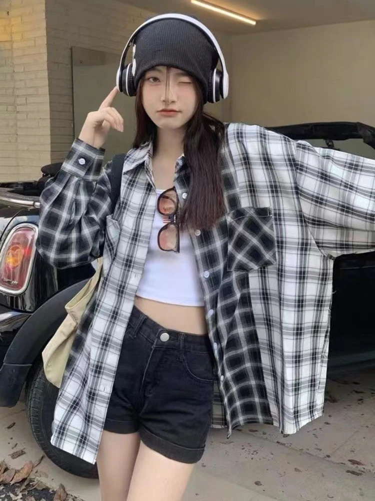 

Shirts Women Loose Daily Students Korean Style Patchwork Autumn Trendy Chic Single Breasted Retro Casual Simple Soft All-match